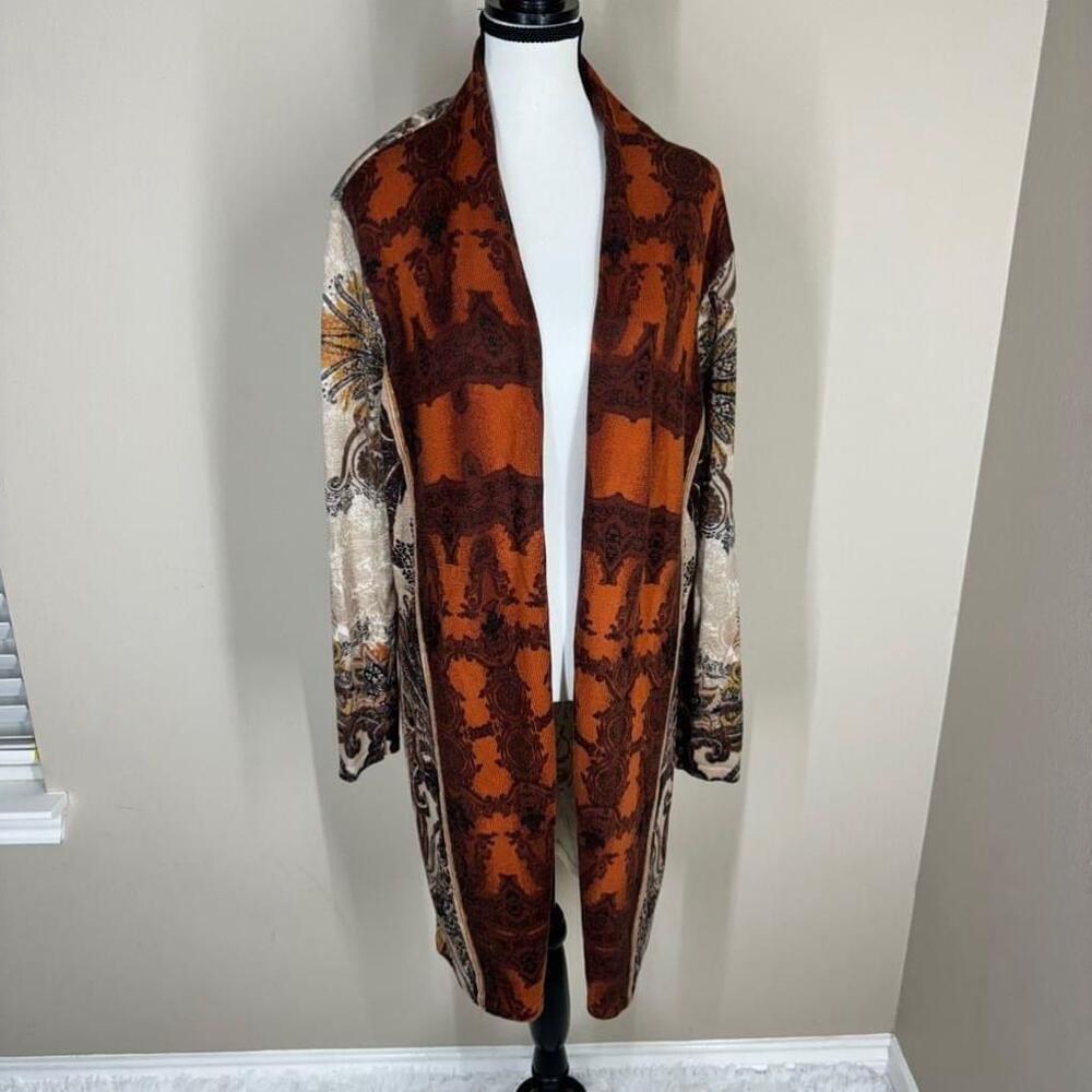 Chico’s Women’s Size Extra Large Orange & Brown Paisley Cardigan Sweater Duster